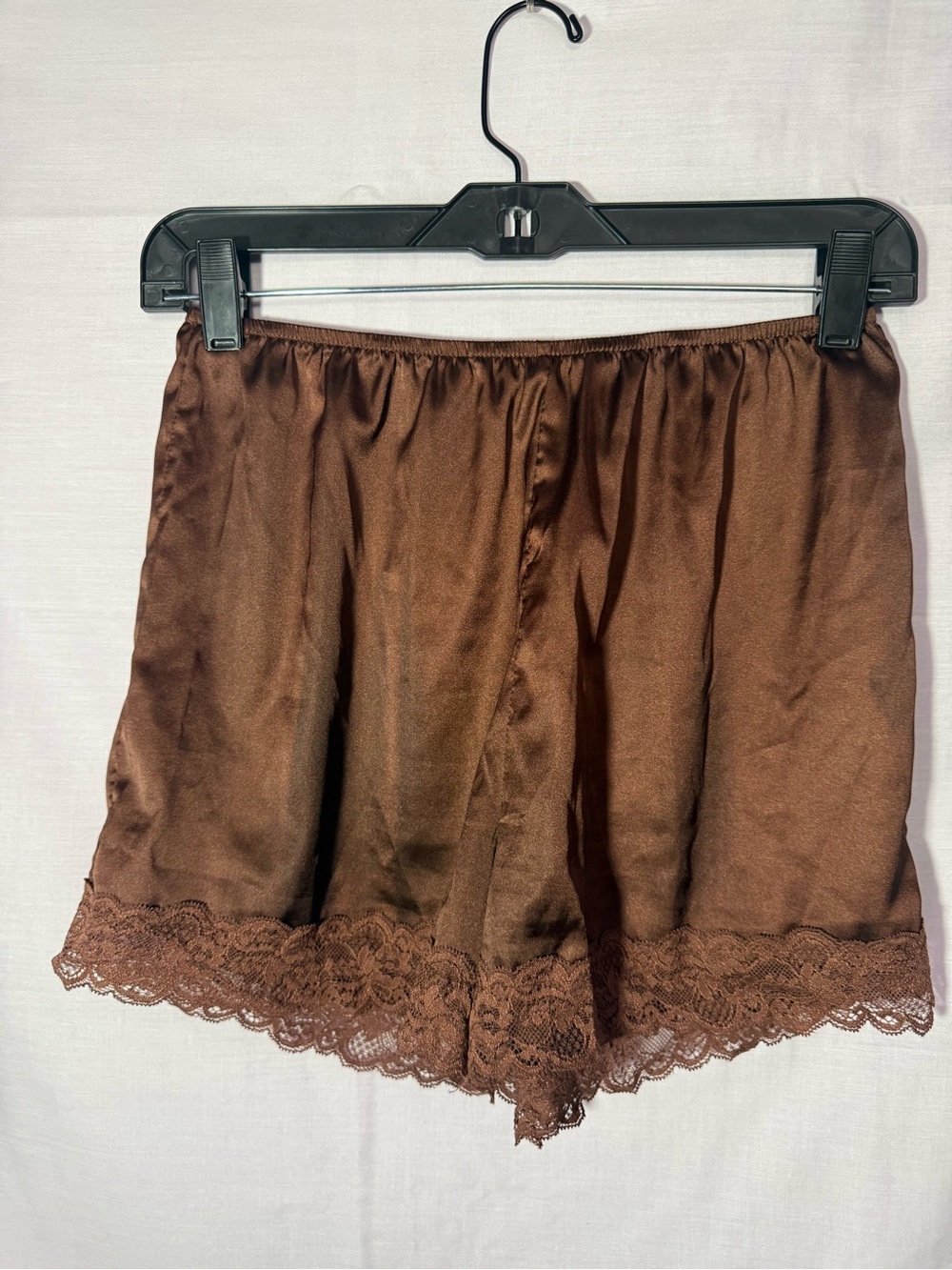 Chocolate Brown Satin Lace Trim Shorts Size S Coquette Lingerie Sleep Shorts
